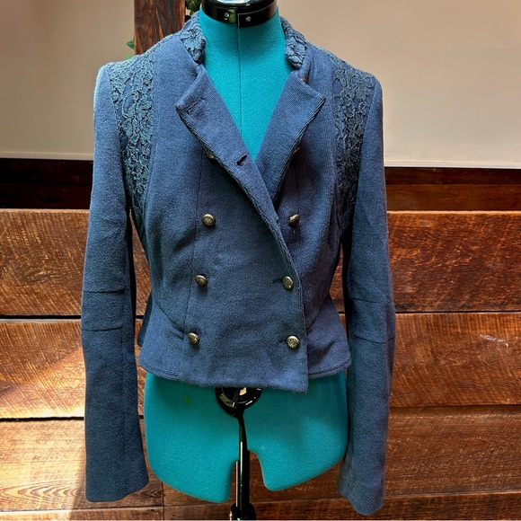 Free People Double Breasted Military Blazer Jacket w/ Lace Panels We The Free - Picture 3 of 13